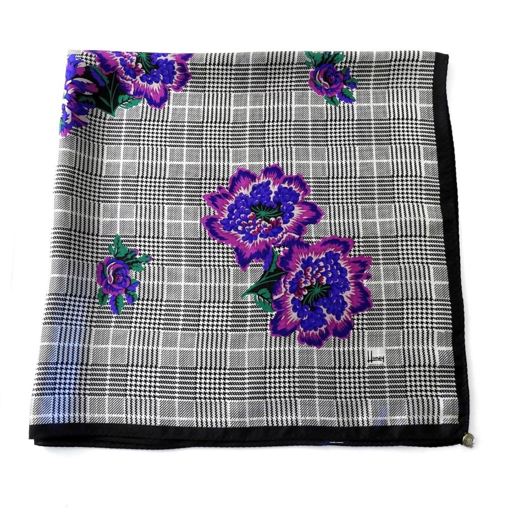 Square Honey Silk Scarf Houndstooth Print With Purple Flowers Japan